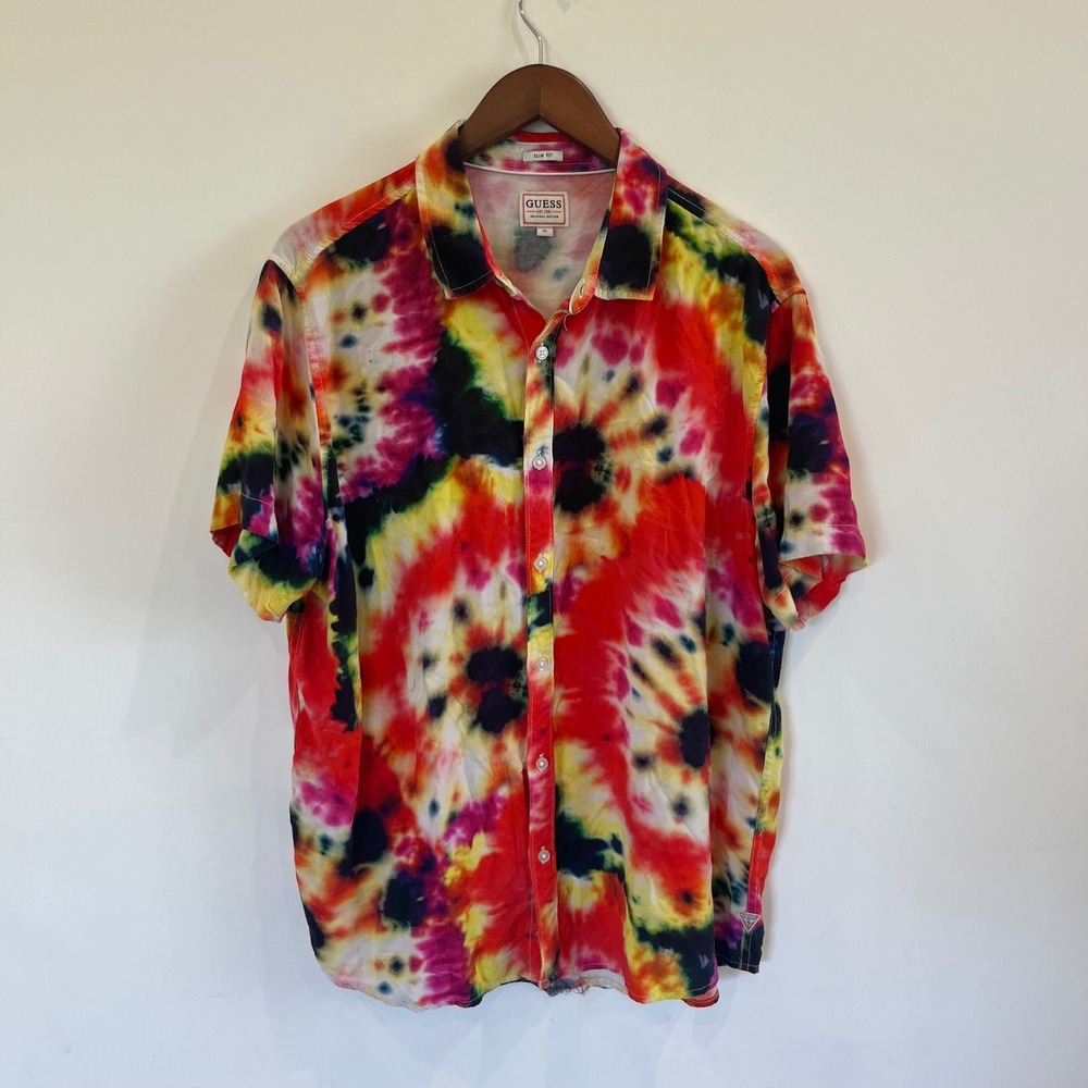 Guess Mens XL Slim Fit Tie Dye Button Down Shirt Short Sleeve Multicolor - 094